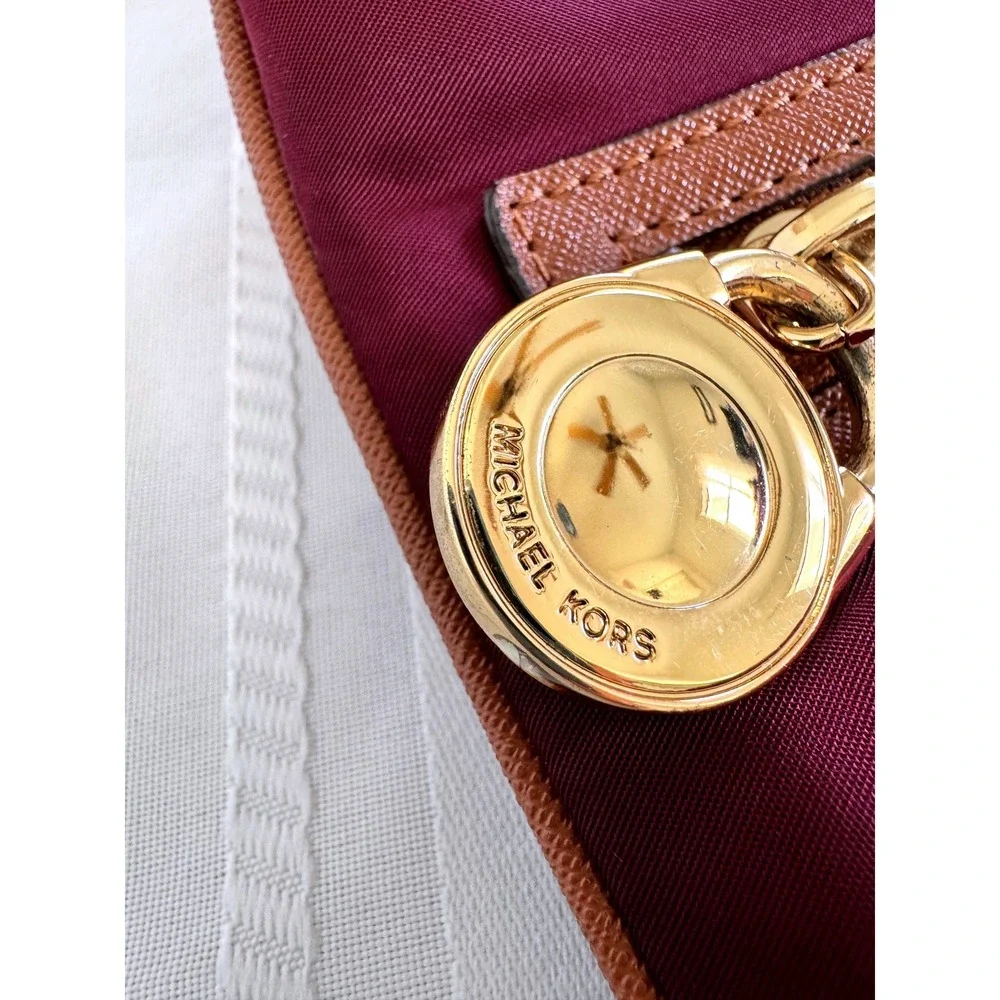 Michael Kors Burgundy Nylon Crossbody Bag Tan Leather Trim Gold Hardware AI-1205